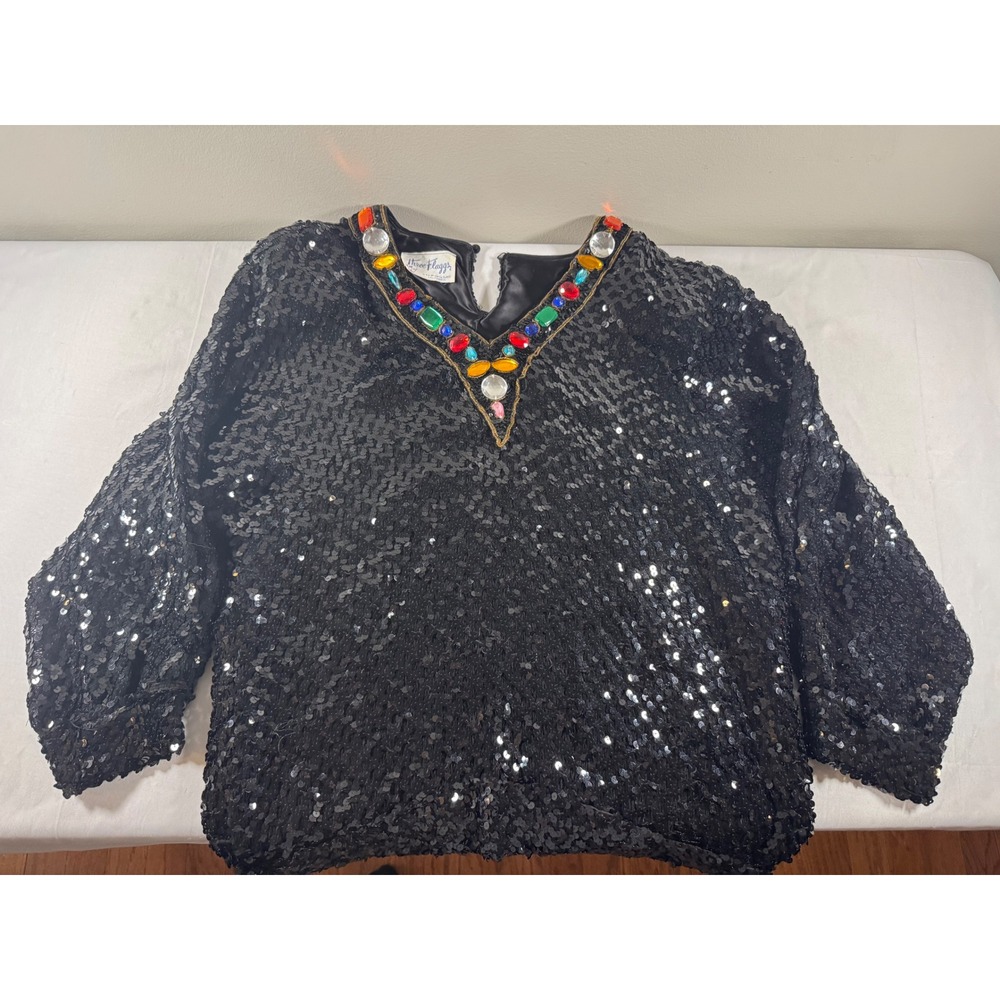 Vintage Three Flaggs Edith Flagg Black Sequin Jewel Neck Top 80s Party Blouse